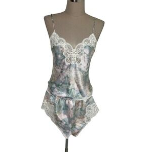 Lucie Ann II Vintage Floral‎ Lace Trim Cami Top & Shorts Pajama Set Lingerie S